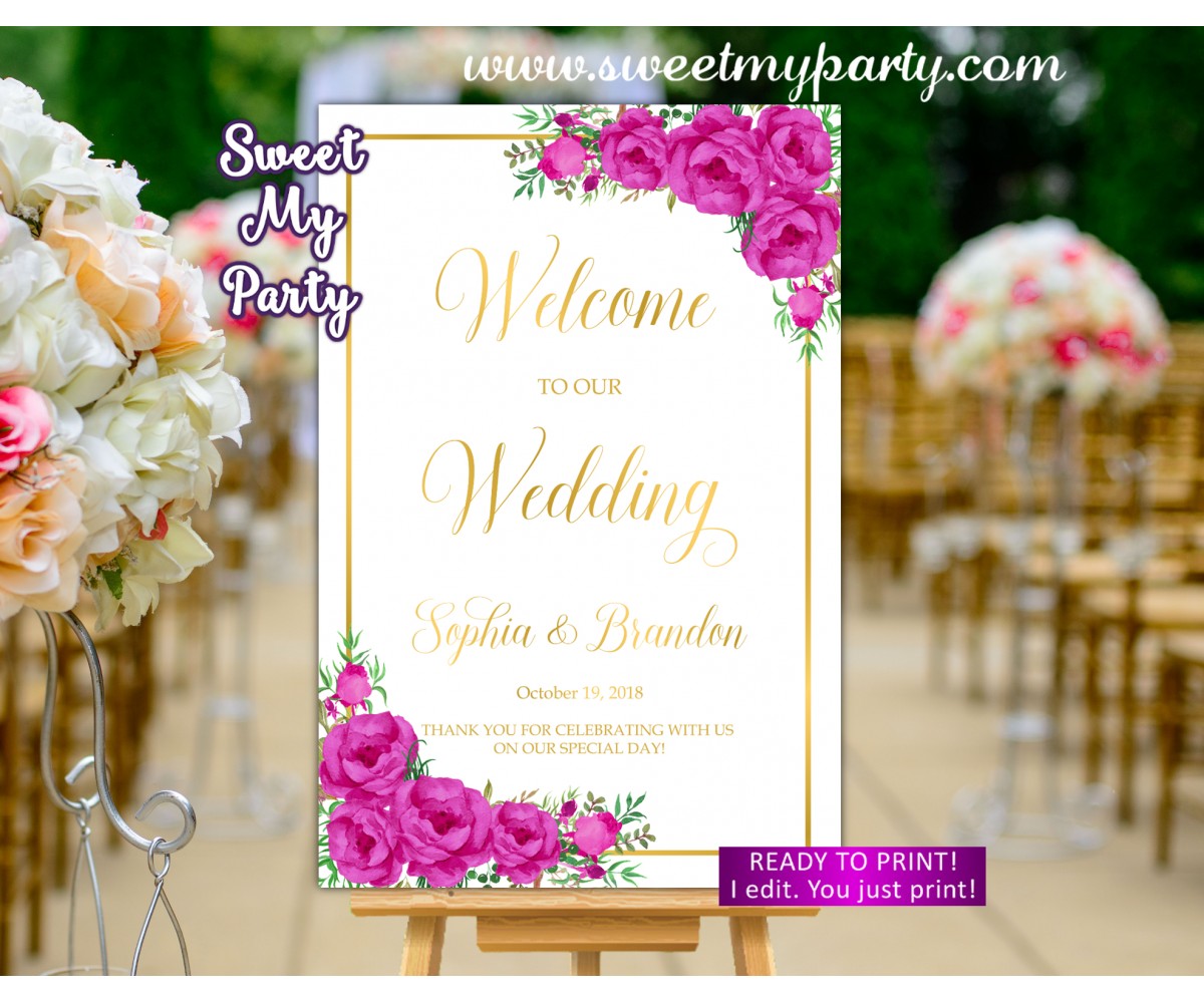 Pink Welcome Sign,Gold Wedding Welcome sign,(117w)